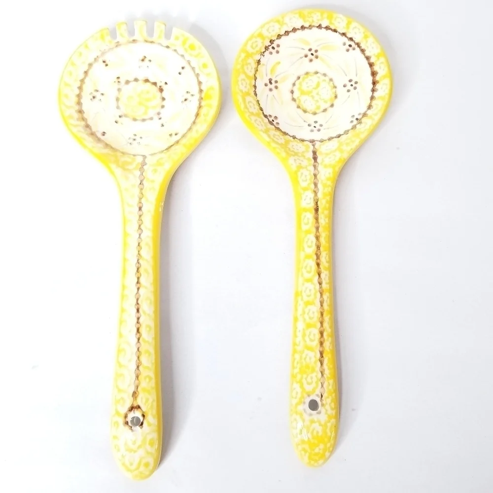 Temp-Tations by Tara Yellow Floral Ceramic Salad Serving Spoon and Fork